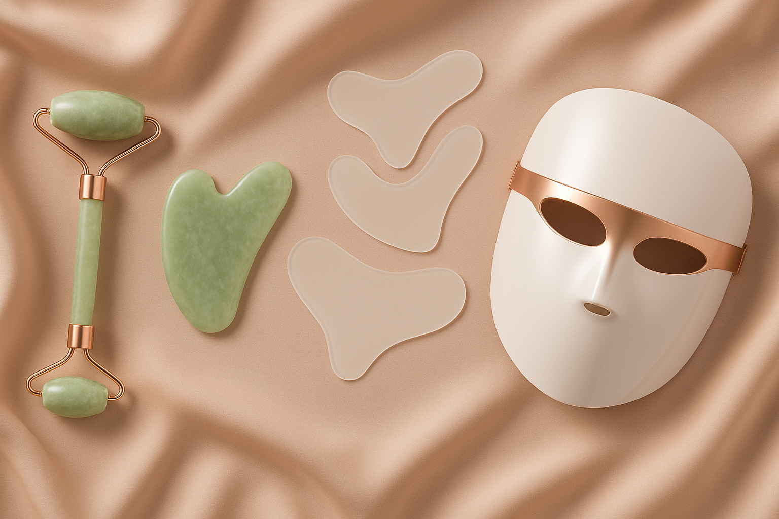 A luxurious flat lay banner of an elegant skincare tool set displayed on a soft nude or blush-toned silk fabric background. Include a jade roller, gua sha stone, reusable silicone face patches, and a sleek LED facial mask. Arrange them with minimalist style, soft natural lighting, and subtle rose-gold accents. Add negative space for text overlay at the center. Editorial, high-end beauty brand aesthetic.